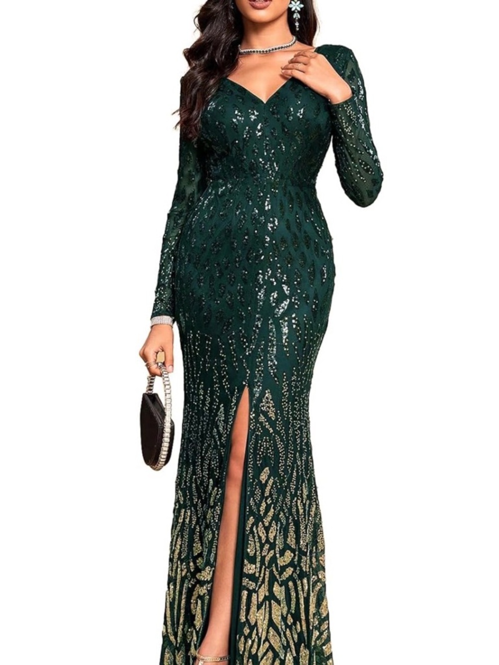 Elegant Deep Green Sequin V-Back Evening Gown